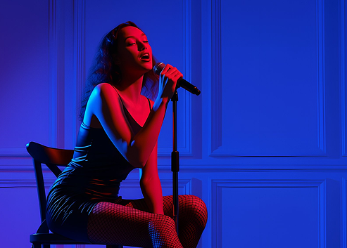 Singer seated at a microphone