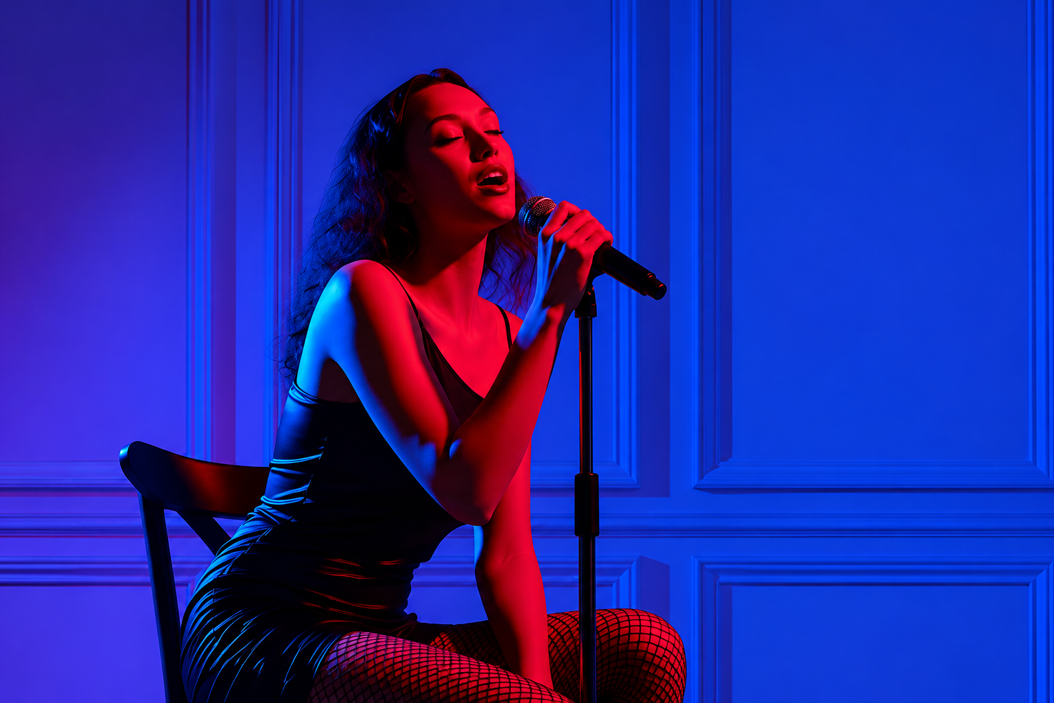 Singer seated at a microphone
